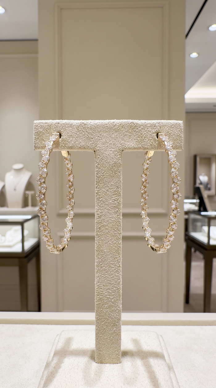 33mm Scalloped 14K (or 18k upon request) Yellow Gold Diamond Hoop Earrings