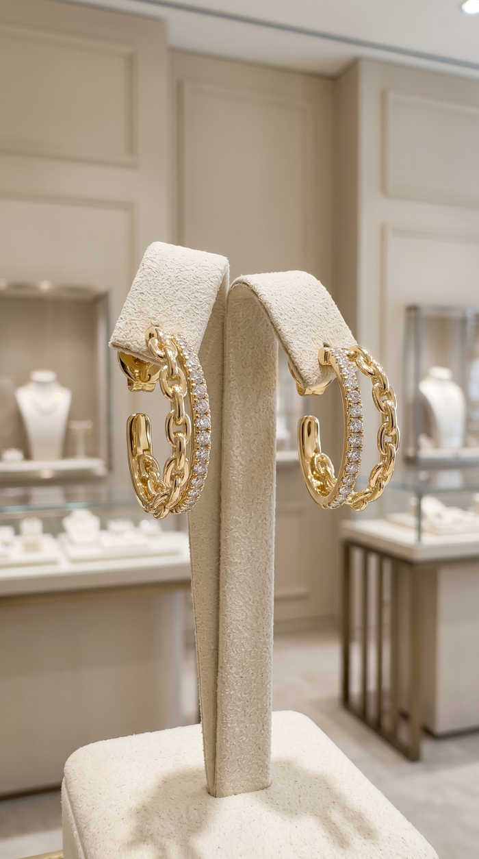 Chain Link Diamond Double Hoop Earrings in 14K Yellow Gold