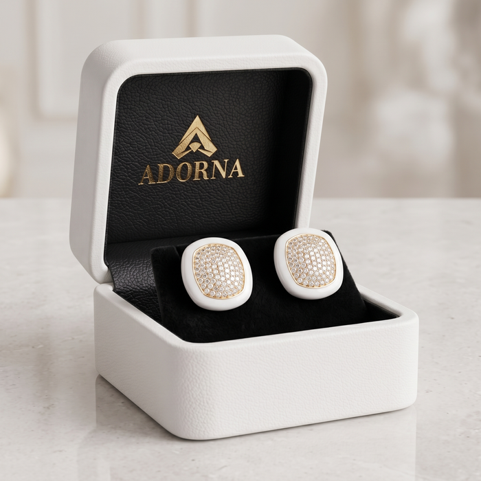 White Enamel Cushion Diamond Pave Stud Earrings in 14K Yellow Gold