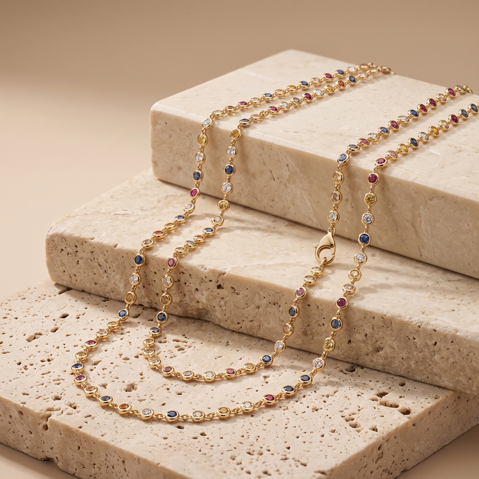 Bold Multi-Sapphire Diamond Necklace in 14K Yellow Gold