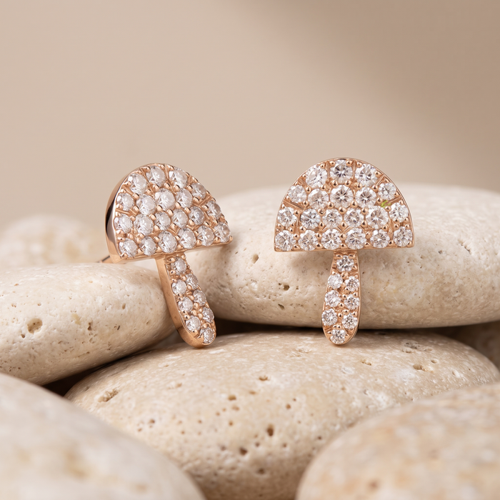 Mushroom Pave Diamond Stud Earrings in 14K Yellow Gold