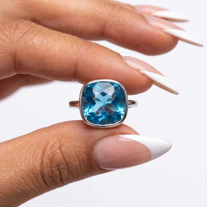 Classic Blue Topaz 14K White Gold Cushion Cut Ring
