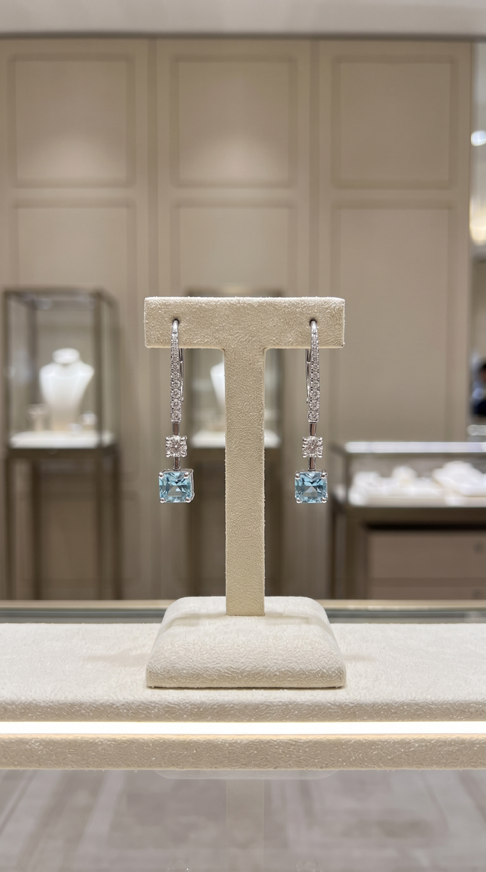 Skyline Aquamarine Diamond Drop Earrings in 18K White Gold