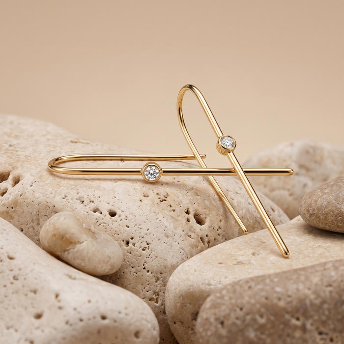 Bezel Diamond Threader Earrings in 14K Yellow Gold