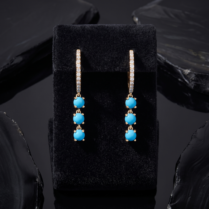 Turquoise Trio Drop Diamond Huggie Hoop Earrings in 14K Yellow Gold
