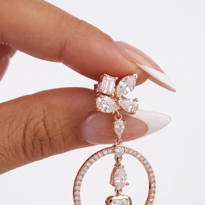 Multi Shape Diamond Heart Circle Drop Earrings in 14K Yellow Gold