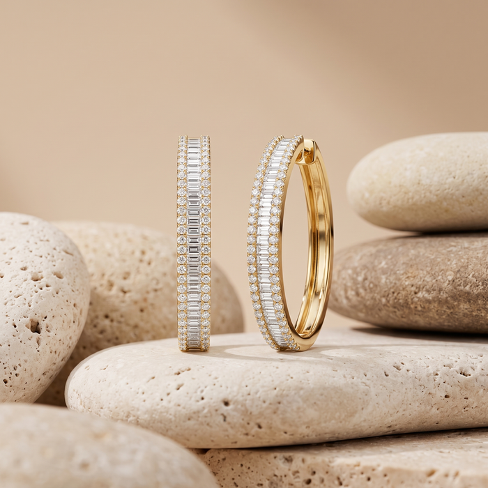 Oval Shape 256 Diamonds Baguette Earrings in 18K White Gold