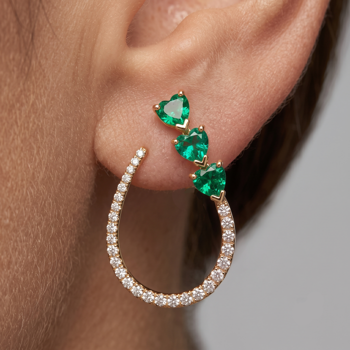 Trio Heart Emerald 14K (or 18k upon request) Yellow Gold Diamond Drop Earrings