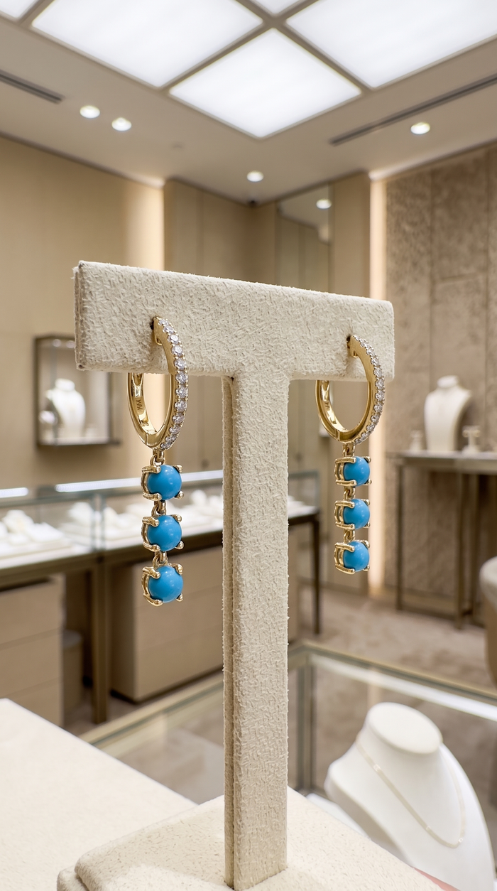 Turquoise Trio Drop Diamond Huggie Hoop Earrings in 14K Yellow Gold