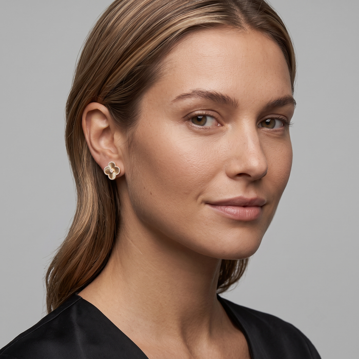 Sleek Lined Flower Diamond Stud Earrings in 14K Yellow Gold