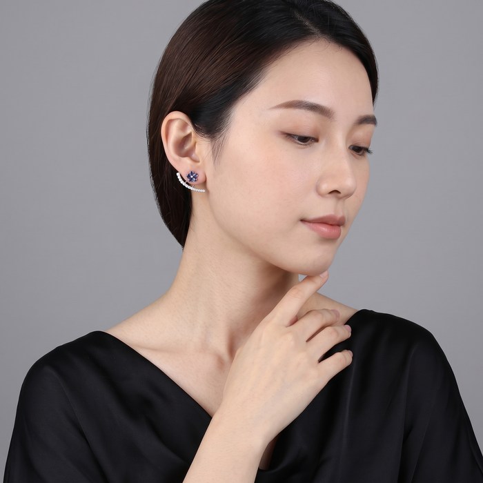 Sapphire Florals Diamond Earrings in 18K White Gold