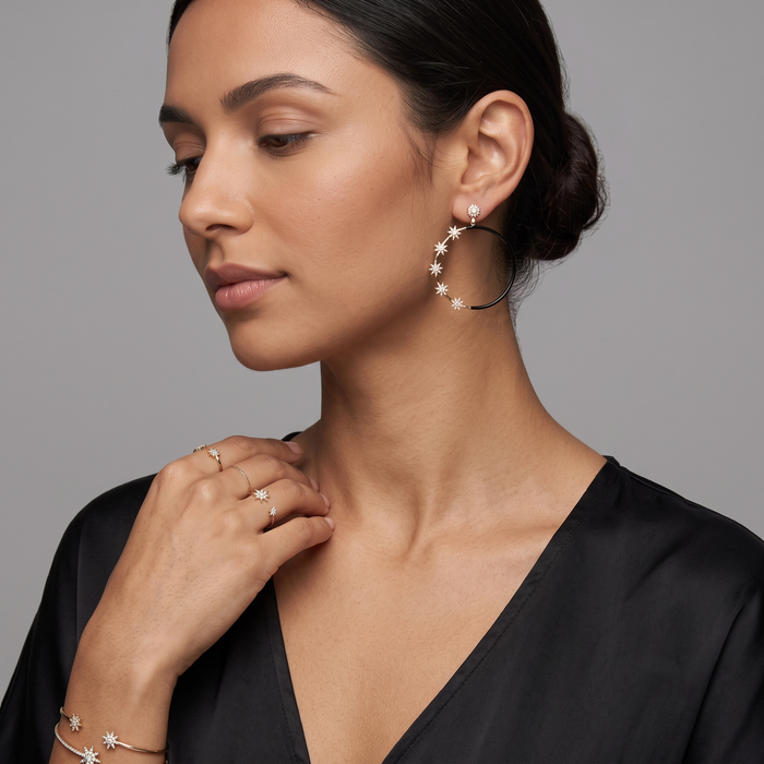 Black Enamel Starburst Hoop Earrings in 14K Yellow Gold