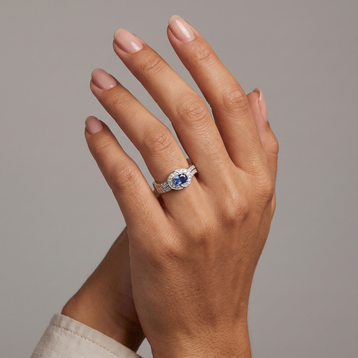 Classic Oval 14K Blue Sapphire Diamond Halo Ring