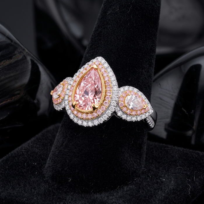 Pink Pear Shaped Halo Diamond Engagement Ring in 18K Gold