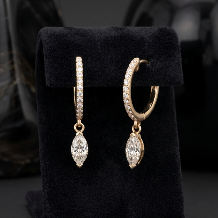 Marquise Diamond Drop Huggie Earrings in 14K Yellow Gold