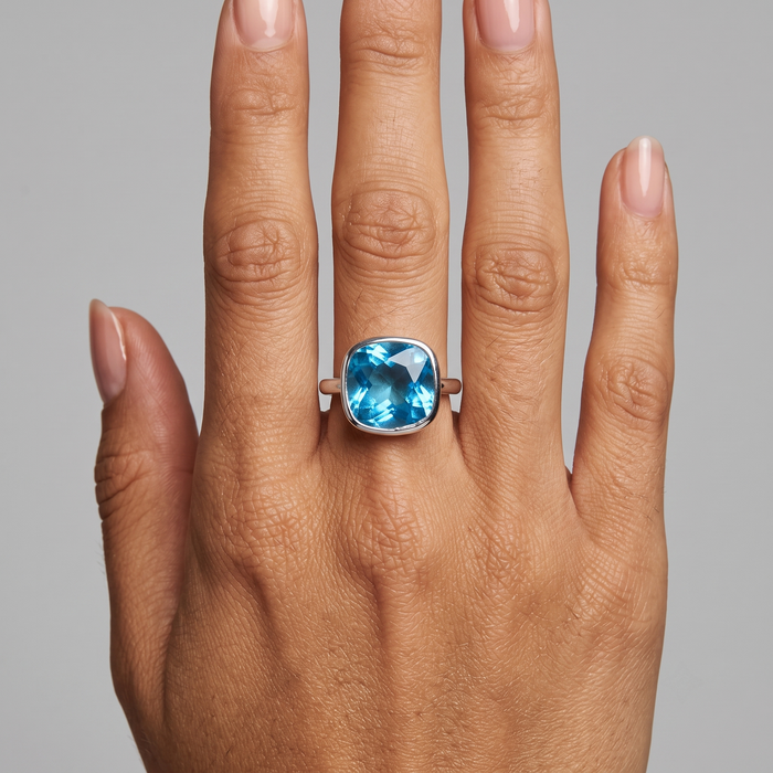 Classic Blue Topaz 14K White Gold Cushion Cut Ring