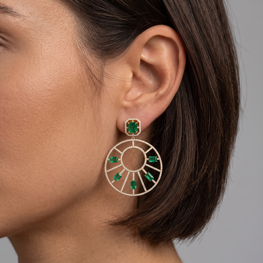Emerald Diamond Sunburst Statement Earring in 14K Yellow Gold