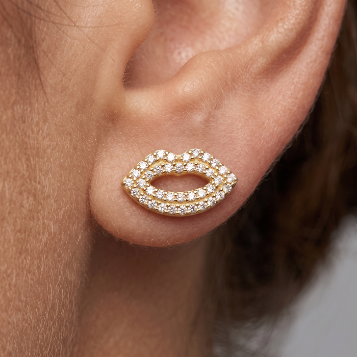 Diamond Lips Button Earrings in 14K Yellow Gold