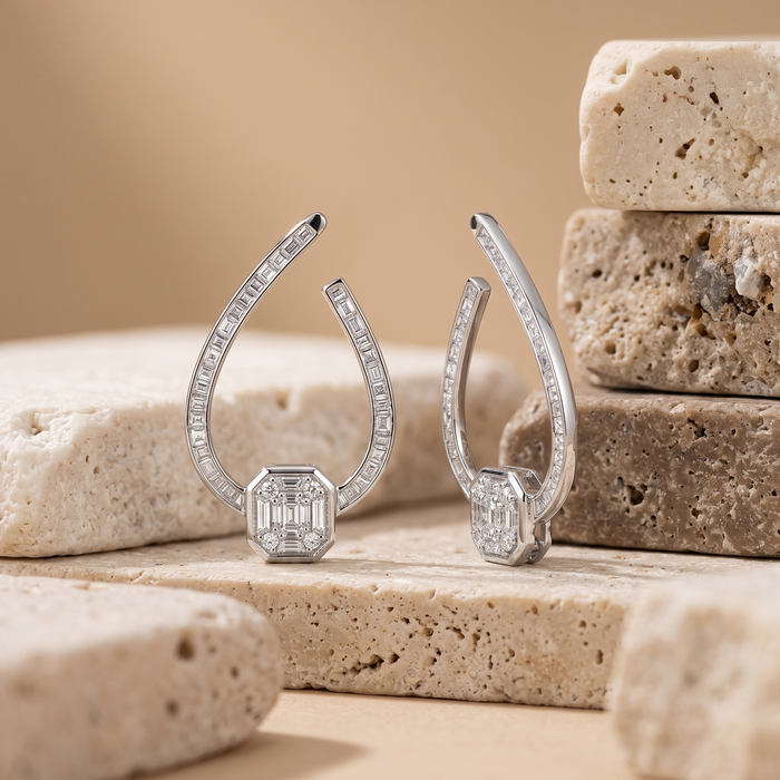 Octagon Teardrop Diamond Hoop Earrings in 18K Yellow Gold
