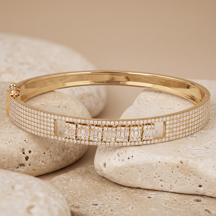 Boho Vintage Diamond Bangle Bracelet in 14K Yellow Gold