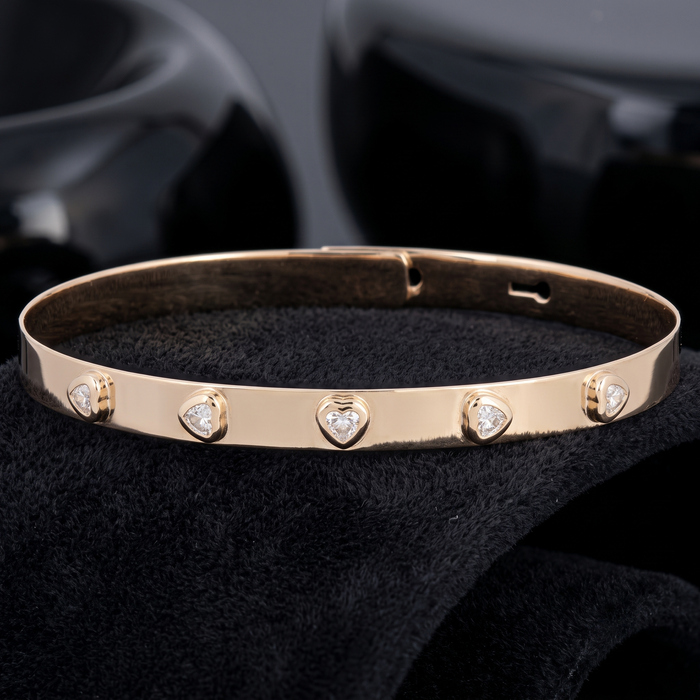 Heart Cut Diamond Studded Bangle Bracelet in 14K Yellow Gold
