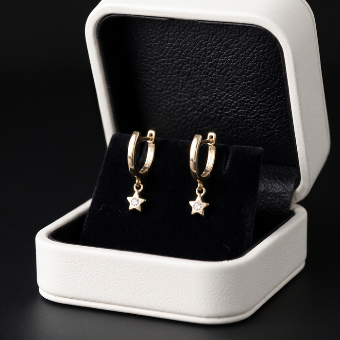 Gold Star Charm Diamond Hoop Earrings in 14K Gold