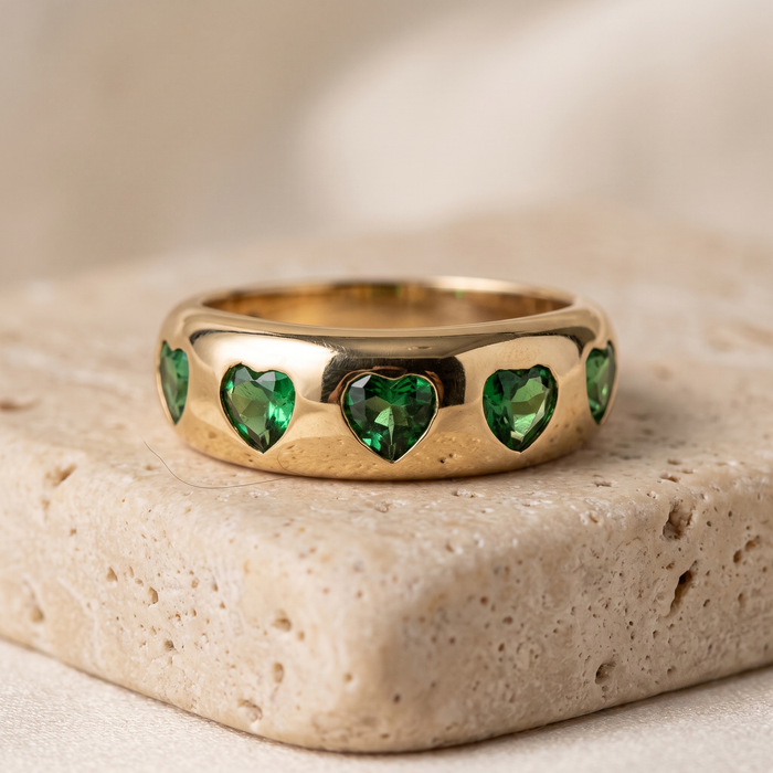 Heart-Shaped Green Emerald 14K Emerald Band Ring