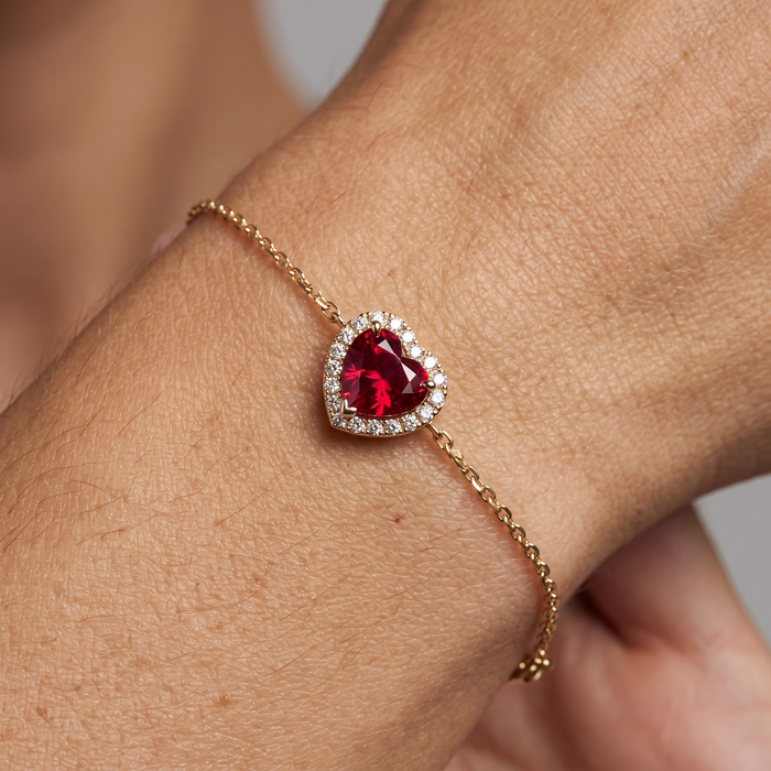 Scarlet Love Heart Shaped Gemstone Charm Bracelet in 14K Gold