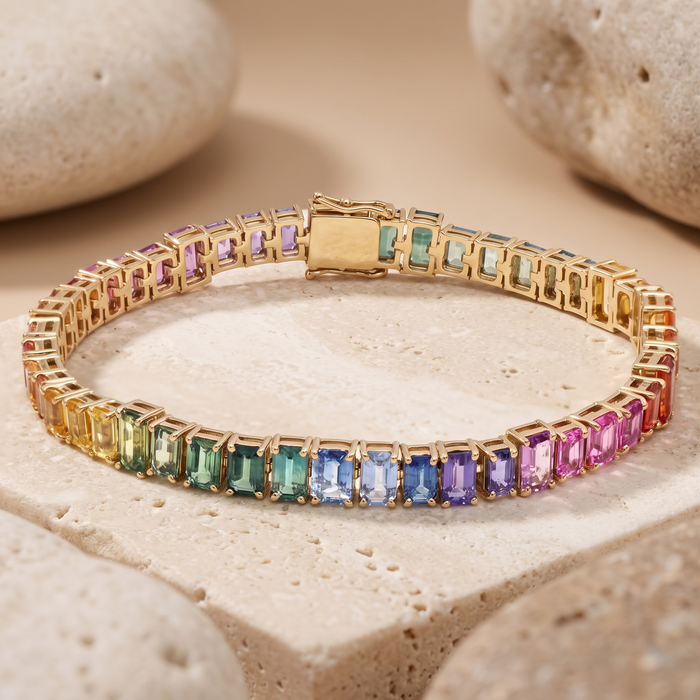 Luxe Prism Emerald-Cut Multicolour Stone 14K Gold Tennis Bracelet