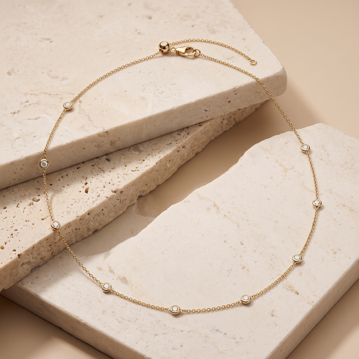 Station Bezel Set Round Diamonds Necklace in 14K Yellow Gold