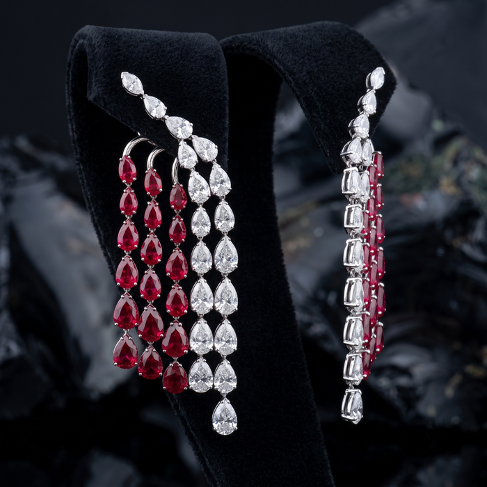 Ruby Red & White 14K White Gold Drop Earrings