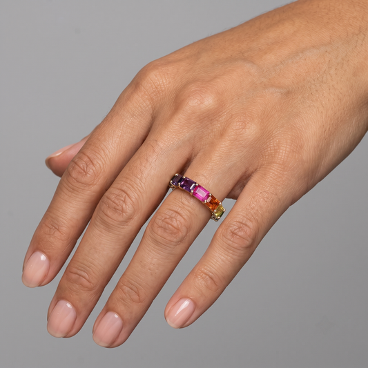 Colorful Sapphire Baguette 14K Gold Eternity Ring