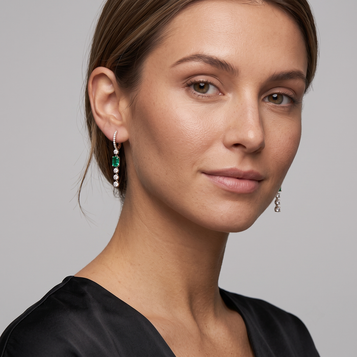 Emerald Cut Diamond Drop Hoop Earrings in 14K Gold