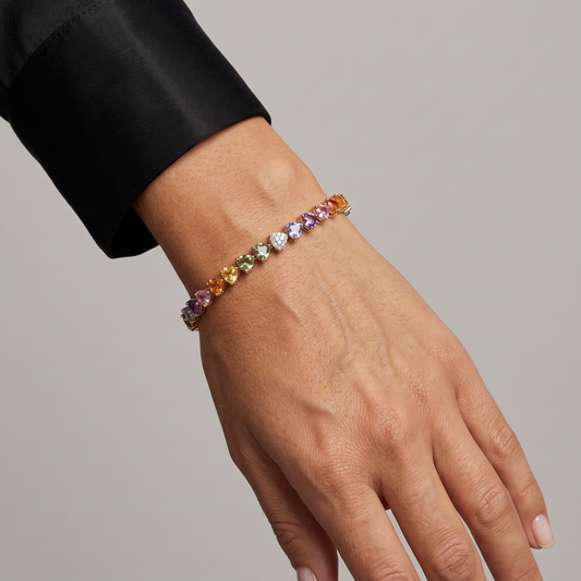 Celestial Heart Rainbow Sapphire & Diamond 14K Gold Tennis Bracelet