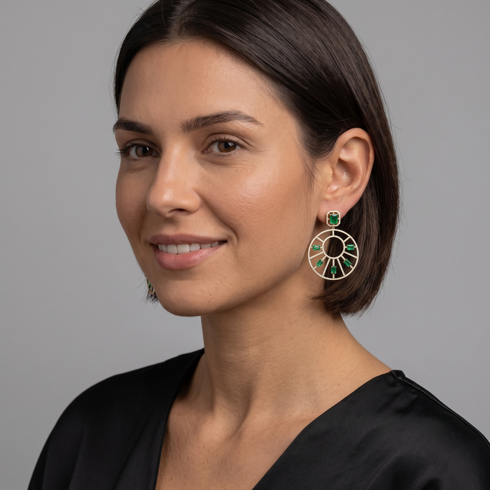 Emerald Diamond Sunburst Statement Earring in 14K Yellow Gold