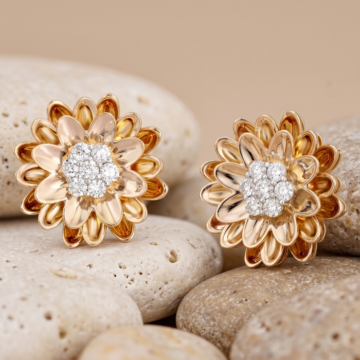 Brilliant Cut Diamond Flower Stud Earrings in 14K Yellow Gold