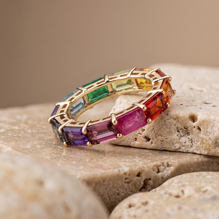 Colorful Sapphire Baguette 14K Gold Eternity Ring
