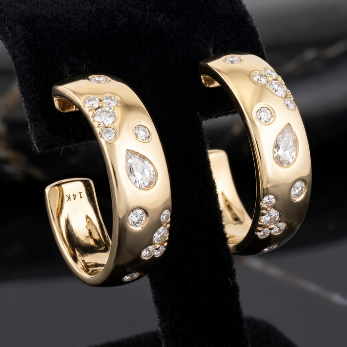 Raindrop Diamond Scatter Huggie Earrings in 14K Yellow Gold