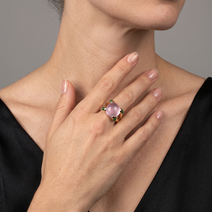 Lavender Chalcedony 14K Emerald Accent Cushion Ring
