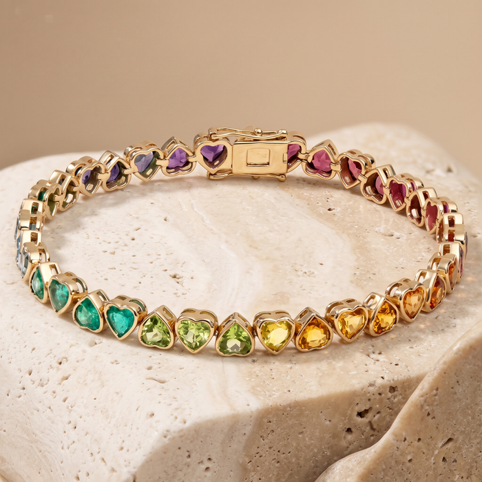 Heart-Cut Rainbow Gemstone 14K Yellow Gold Tennis Bracelet