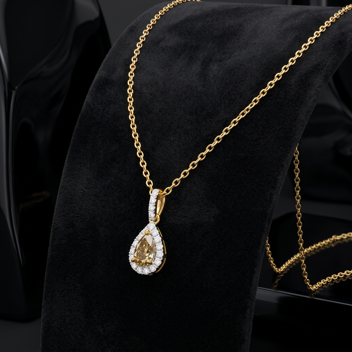 Pear Yellow Diamond Brilliant Halo Necklace in 14K Gold