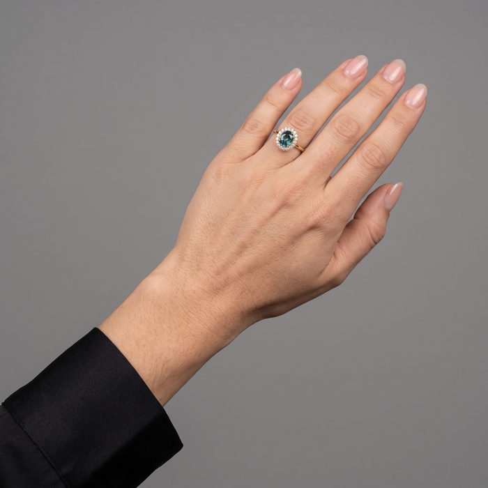 Oval Blue Sapphire Diamond Halo 14K Gold Ring