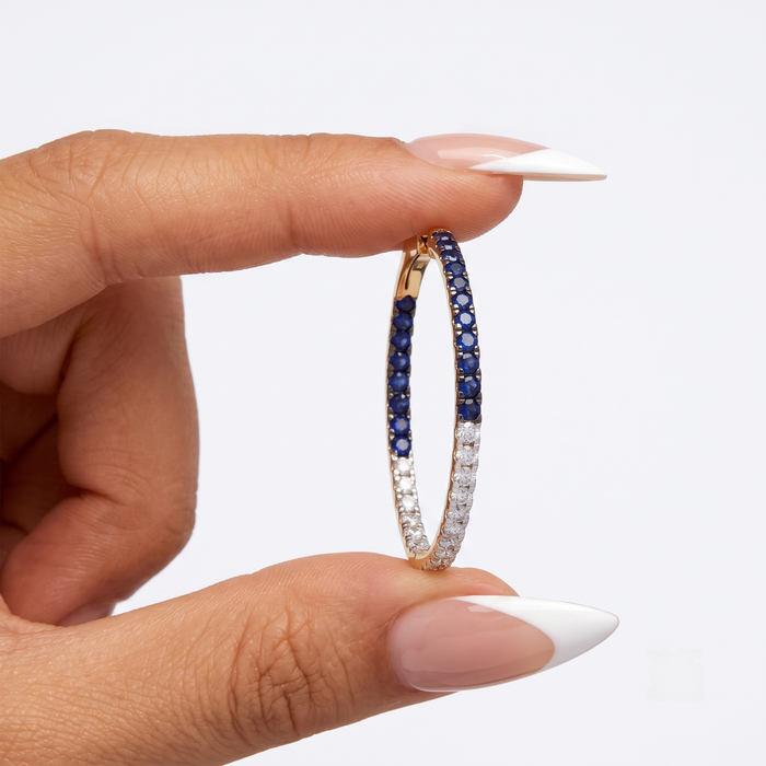 Sapphire Gemstones Diamond Hoop Earrings in 14K Yellow Gold