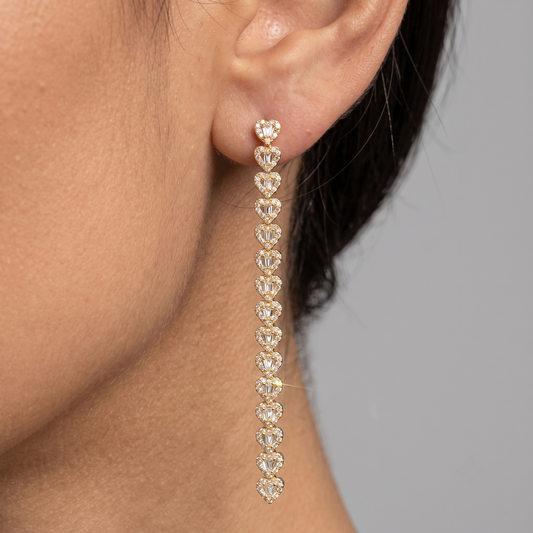Heart Shaped Diamond Line Drop Earrings in 18K Yellow Gold