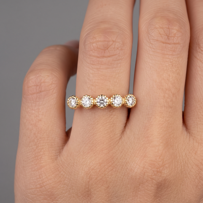 Round Diamond Pave Set Beaded Ring in 14K Yellow Gold