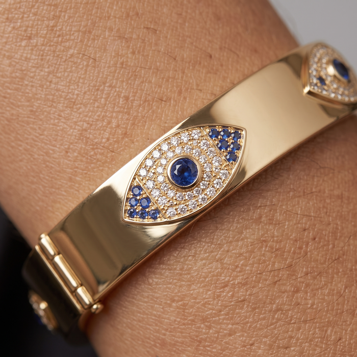 Evil Eye Sapphire Bangle Bracelet in 14K Yellow Gold