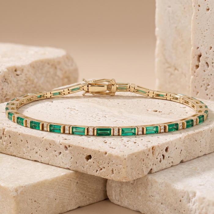 Green Gemstones Diamond Tennis Bracelet in 14K Yellow Gold