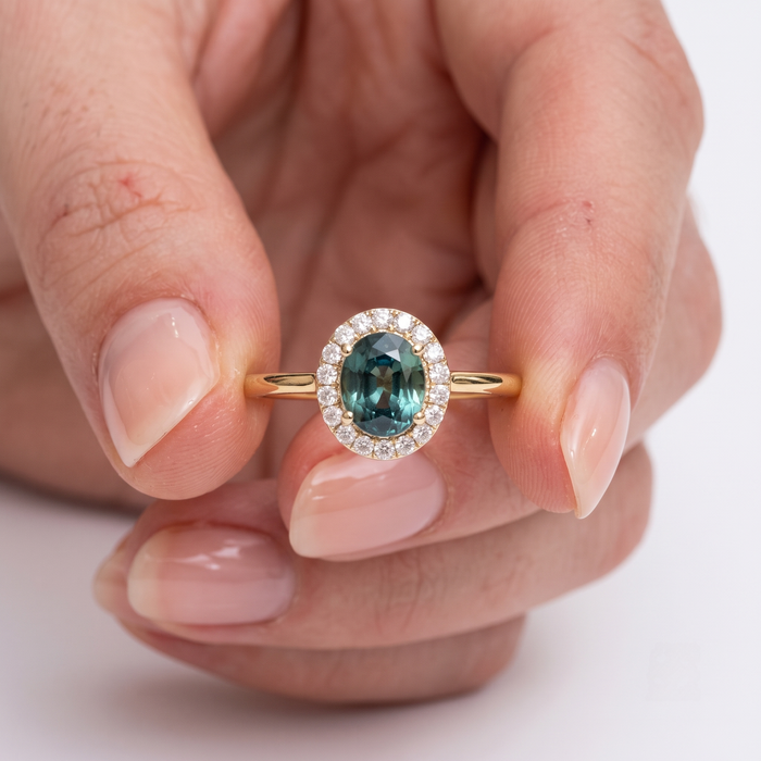 Oval Blue Sapphire Diamond Halo 14K Gold Ring