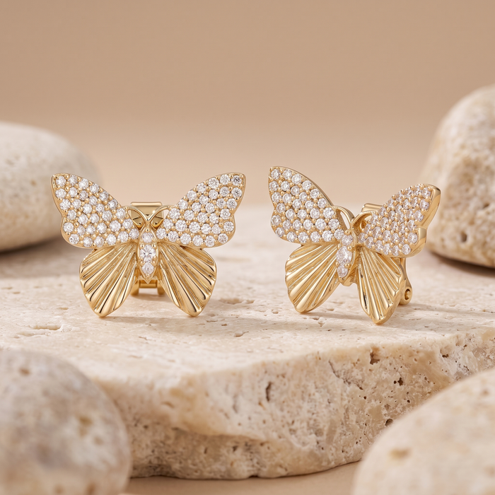 Butterfly Decorative Diamond Stud Earrings in 14K Yellow Gold