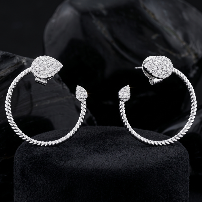 Pave Diamond Twisted Open Hoop Earrings in 14K White Gold